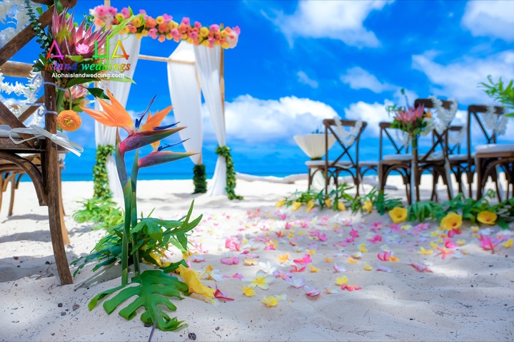 Bamboo archway of pink and yellow hibiscus on the beach