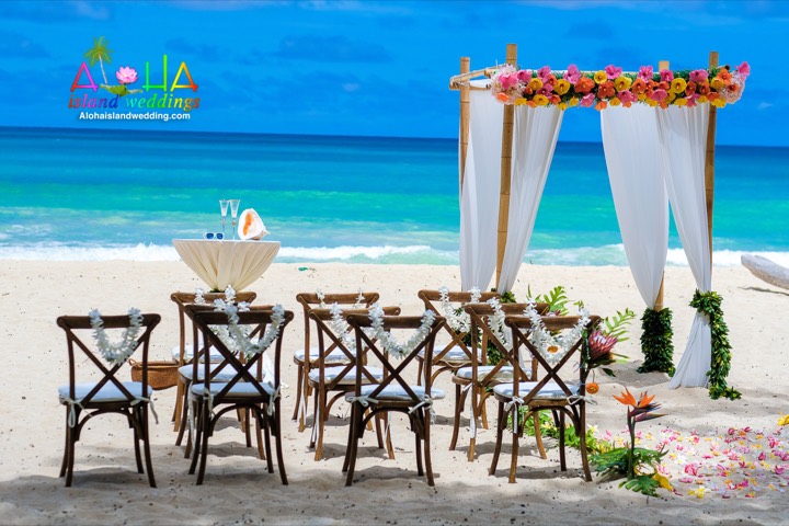 Beachside ceremony setup for Lauren and Johnathan at Waimanalo