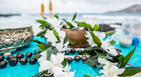 A maile lei with white orchids for the groom at a Hawaii beach wedding