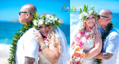 A ti leaf lei with white and pink plumerias for the bride at a vow renewal in Hawaii