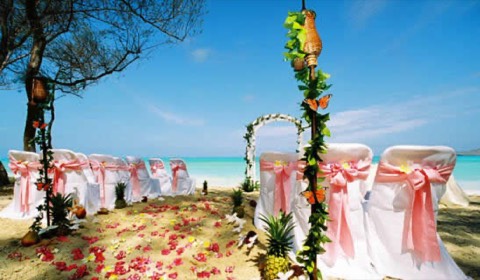 Pink beach wedding setup with leaf leis wrapped around the tiki torches on Oahu