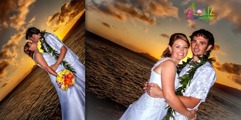 Two sunset portraits of the bride and groom wearing flower leis by the ocean on Oahu