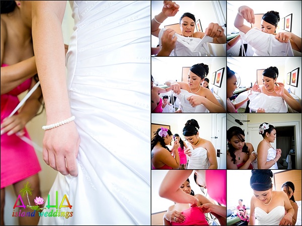 Putting on the dresses inside with hotel before the wedding
