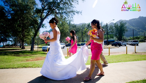Walking to the wedding with her bridesmaids