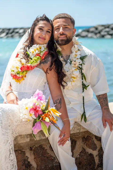 Close up of their flower leis