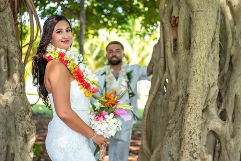 Lila in her veil by the banyan tree