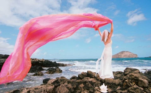 The pink chiffon caught by the wind above the rocks