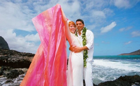 The pink chiffon billowing around the bride and groom