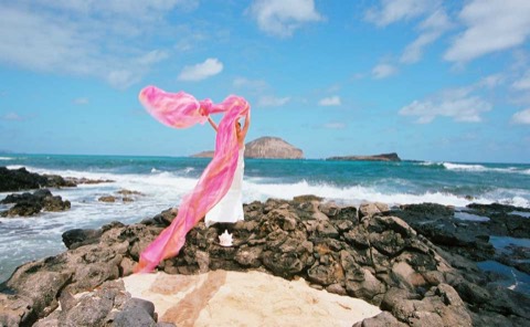 Pink chiffon trailing over the waves