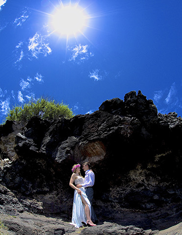 Jill and James by the lava rocks in the sunshine