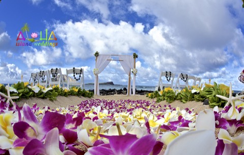 White chairs and a purple petal aisle leading to the arch on the beach at Makapuu