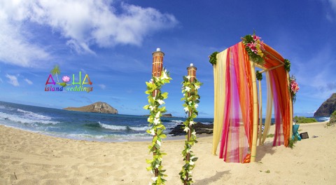 A pink draped arch with tiki torches on the sand at Makapuu