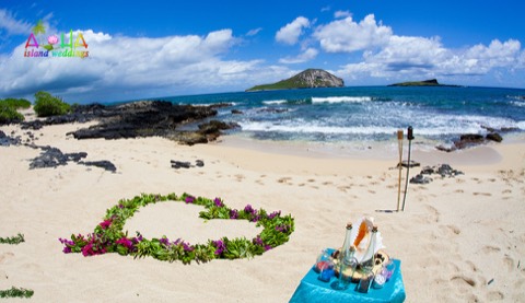 A heart of purple flowers on the beach at Makapuu