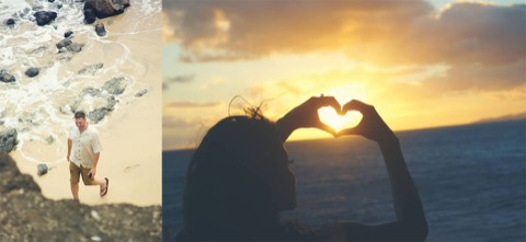 A couple making a heart with their hands against the sunrise