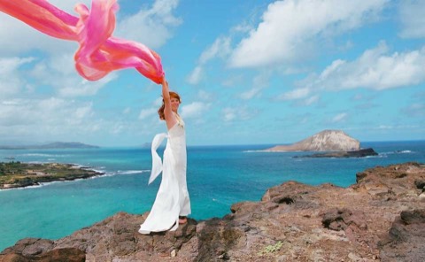 Ashley twirling the pink chiffon in the trade winds