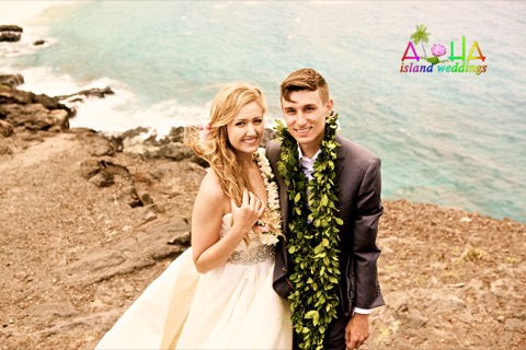 Jill and James on the cliffs above Makapuu beach where they said their vows