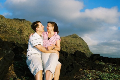 Karen and James smiling in the morning light