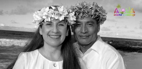 Black and white portrait of a couple renewing their vows after 8 years at Makapuu