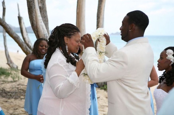 Naheshae and Damarus during the ceremony, in the sunshine