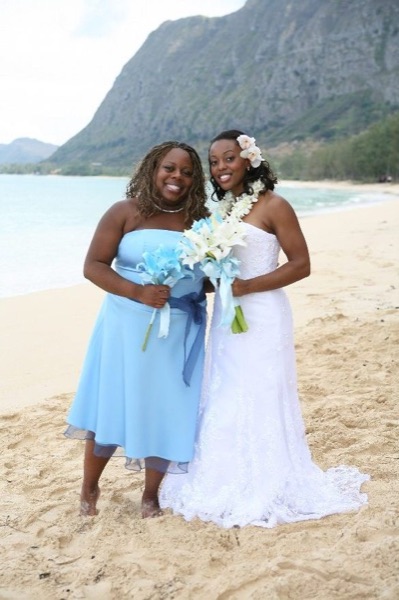 The bridal party in blue on the beach, close up