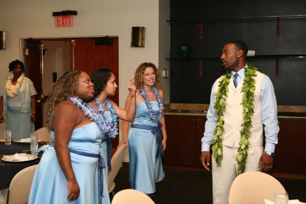Naheshae and Damarus at their reception, smiling