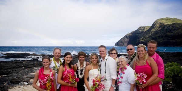 The bridesmaids in pink on the lava rocks, a moment later
