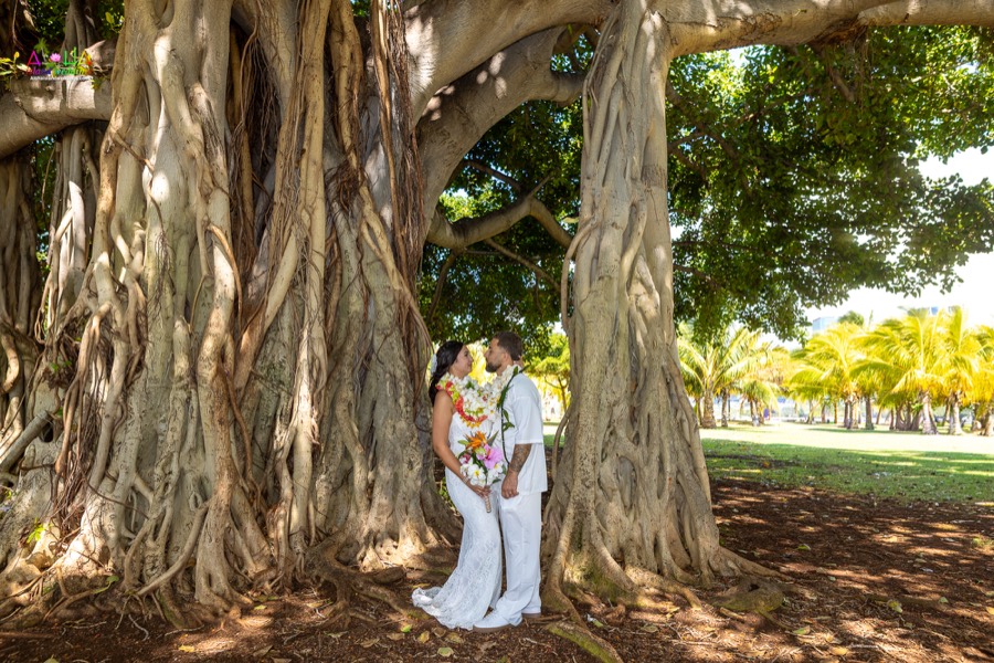 Couple standing among the roots of a giant banyan tree