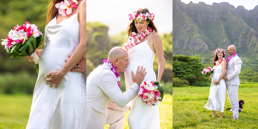 Three photos of the expecting bride with a pink plumeria bouquet and the groom, with Kualoa's mountains behind