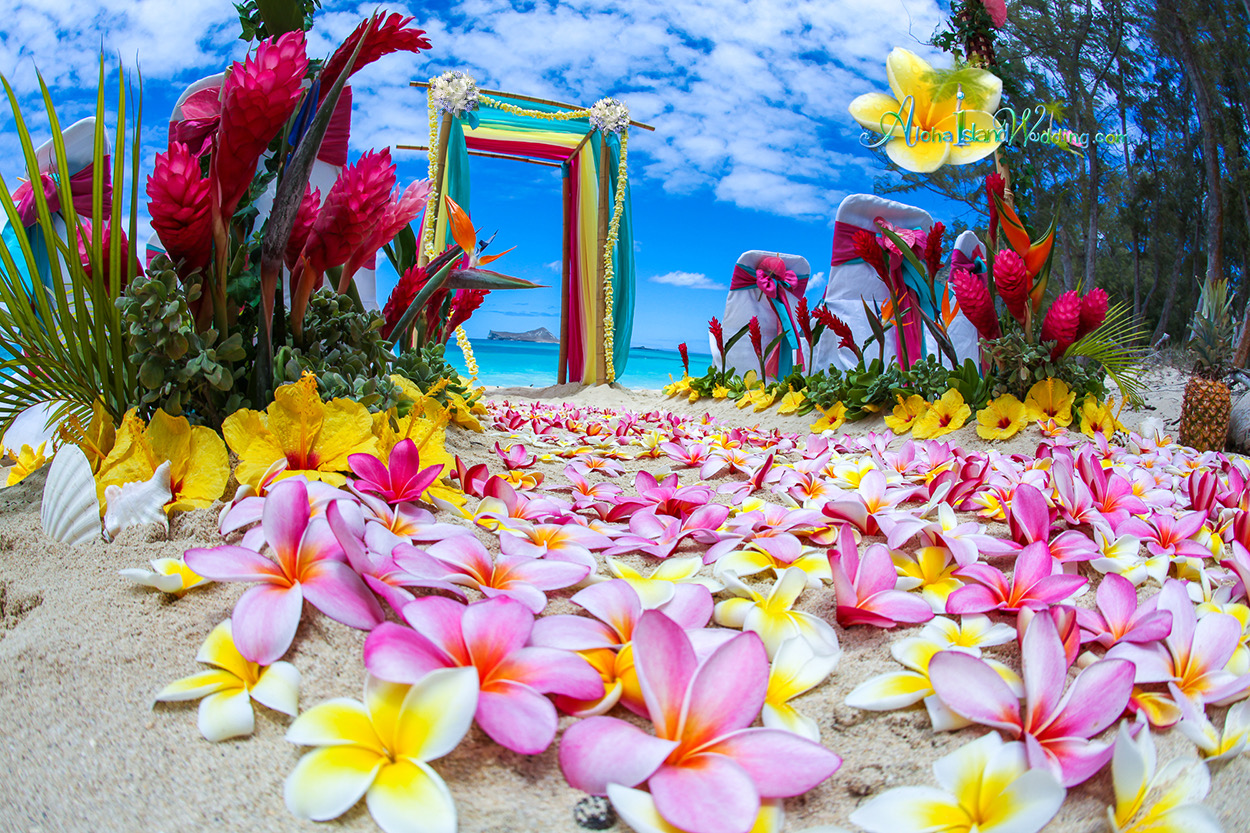 Plumerias, pineapples and red ginger along a beach wedding aisle