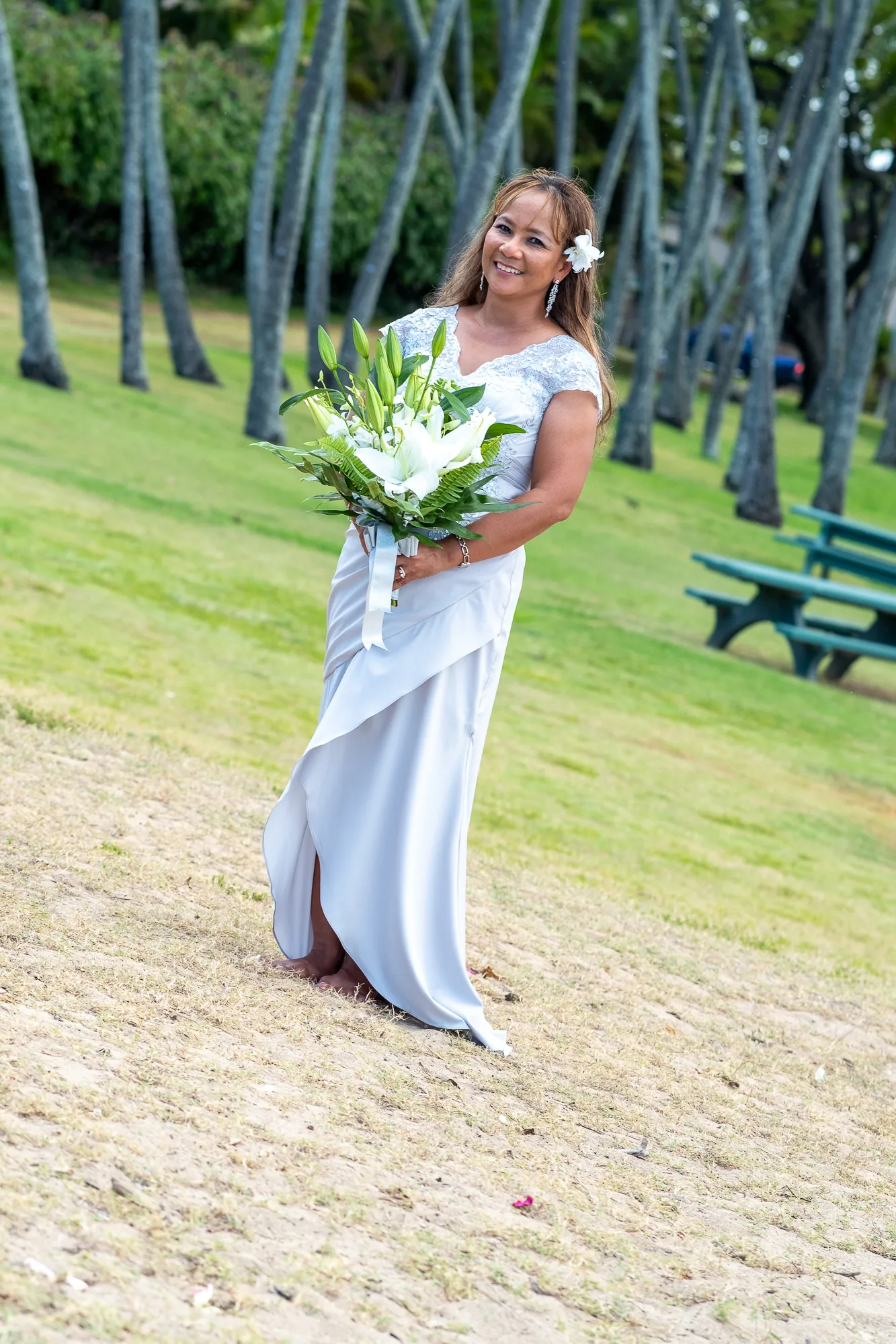 Rose on the lawn with her bouquet