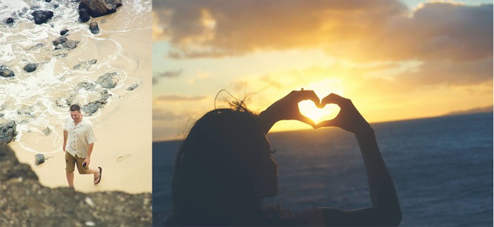 Hands making a heart around the rising sun over the ocean