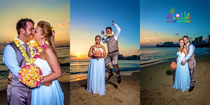 Bride and groom jumping for joy at sunset on Waikiki beach after their wedding