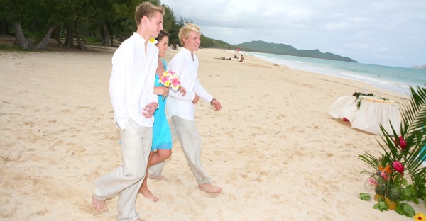 Teri and Dennis during their beach ceremony, smiling