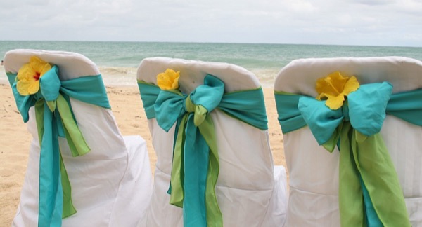 Chairs with green and ocean blue sash