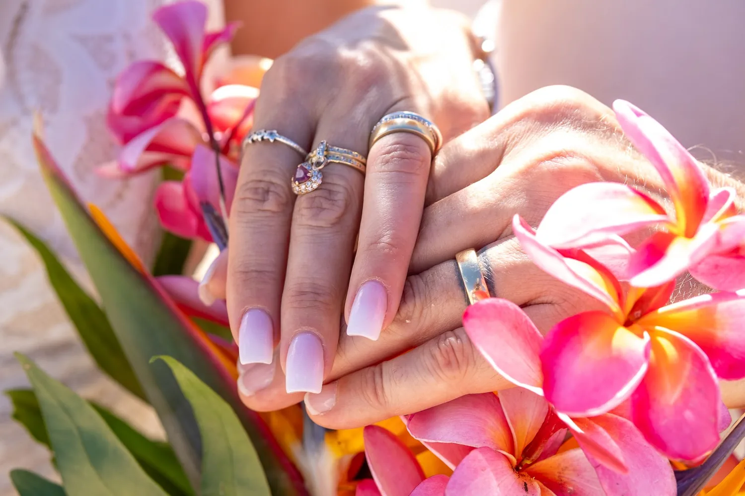 Their rings resting on pink plumeria flowers