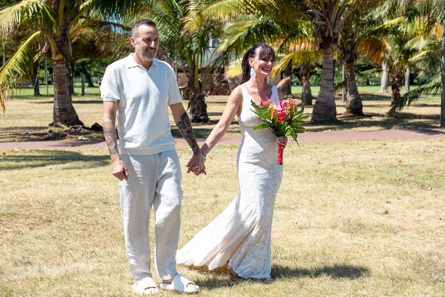 Walking under the palm trees in the park