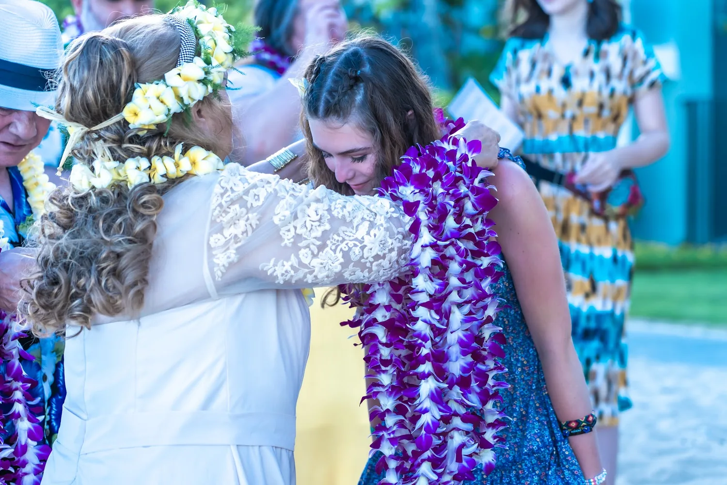 A big hug after the lei exchange
