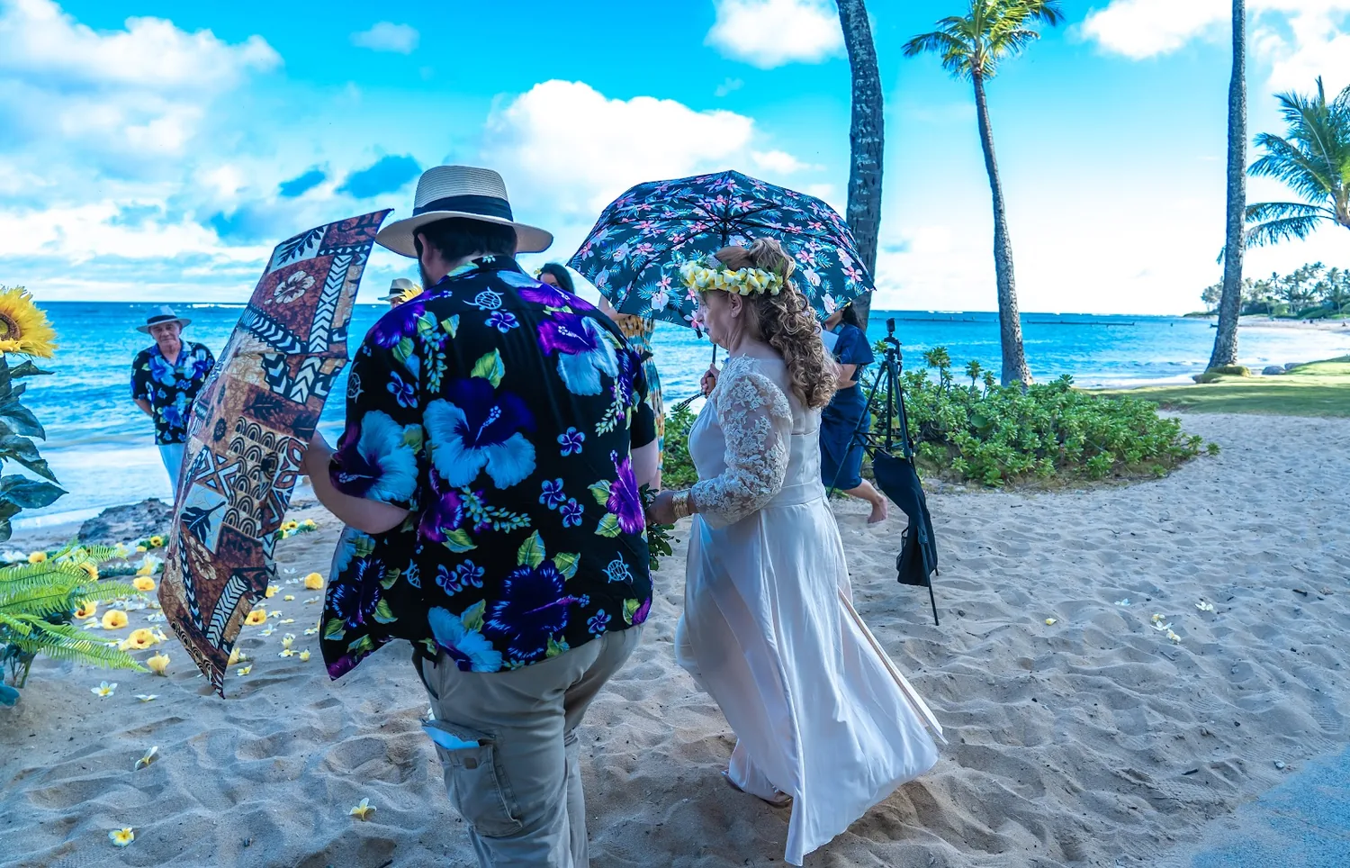 Arriving at the beach with umbrellas for shade