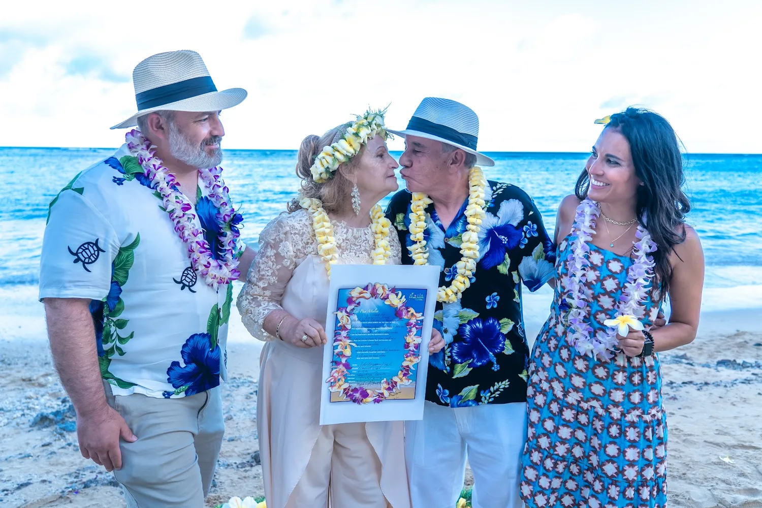 Holding up the decorative vow renewal certificate