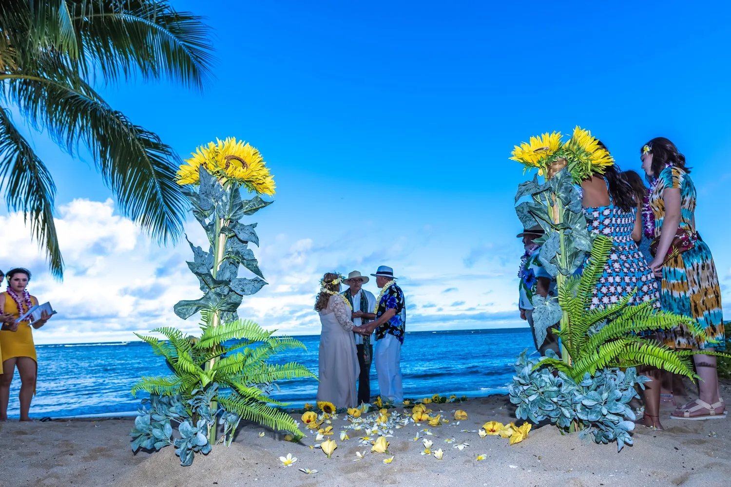 Sunflower stands and a petal walkway in front of the ocean