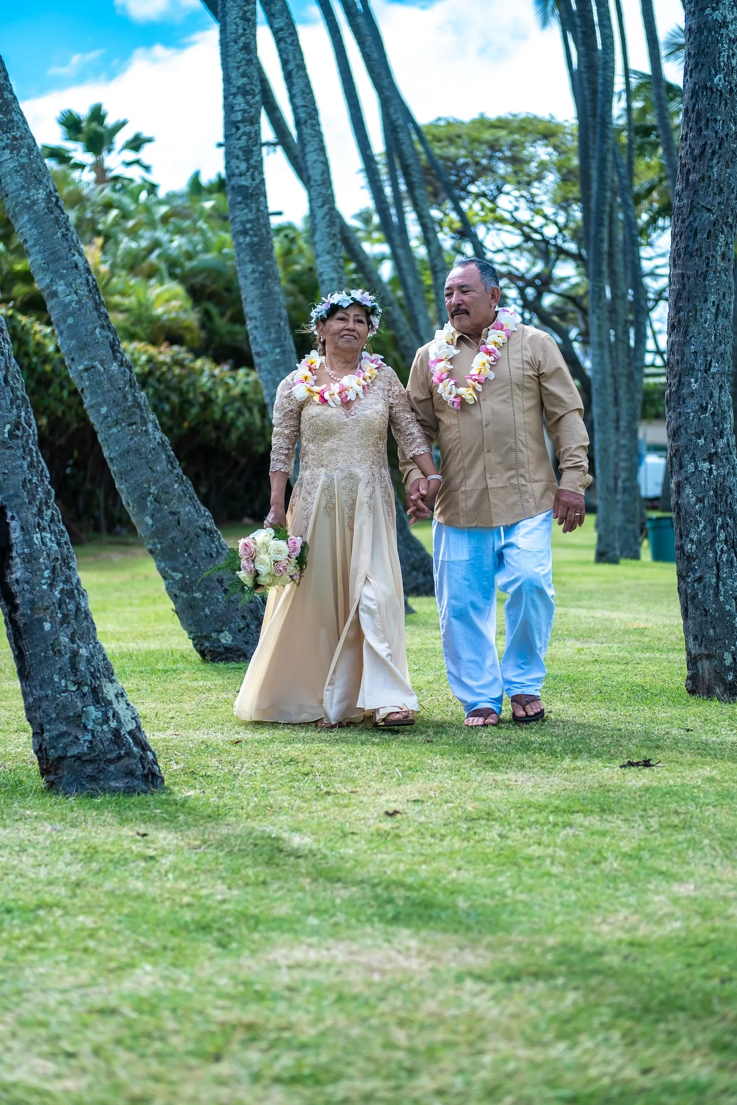 Walking together on the grass under the trees