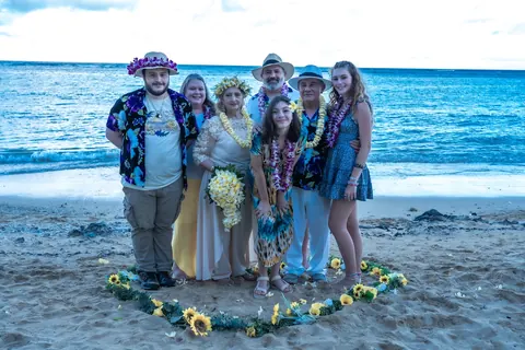 Family gathered at the flower heart