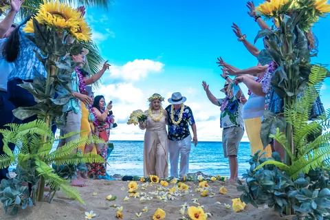 Guests by the sunflowers waiting for the ceremony