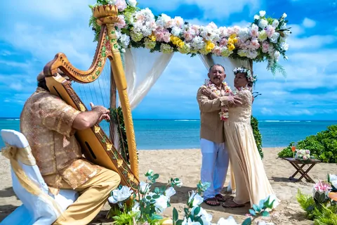 Golden harp music by the white arch