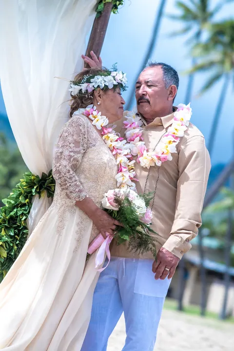 Her lace gown and leis by the arch