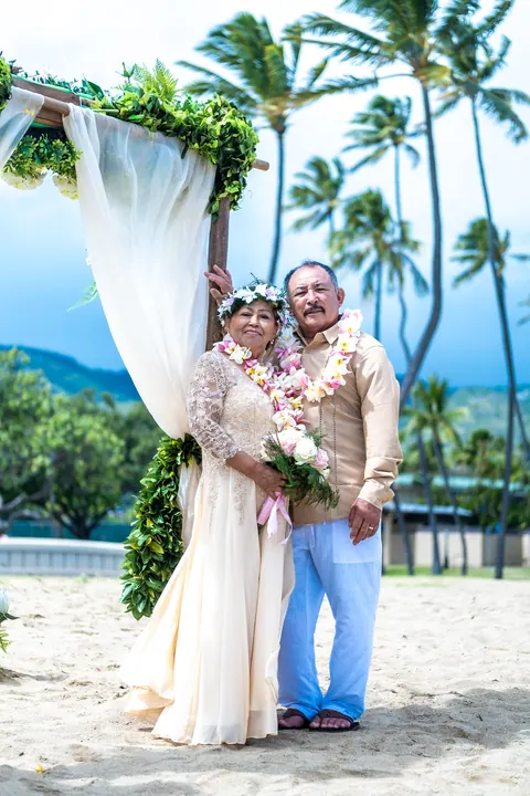 Portrait in their leis under the palm trees