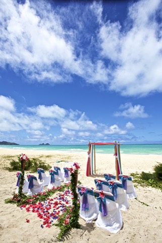 Purple and pink themed chairs, arch and flowers on the beach