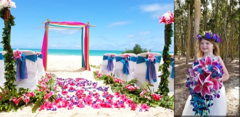 A flower girl beside a pink flower arch at Waimanalo Beach Park