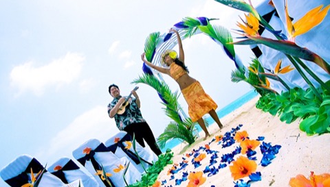 A hula dancer with her arms raised under an archway of birds of paradise