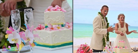 Cutting the cake on the beach, which turned into a cake fight